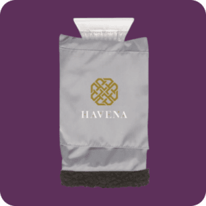 Grijze ijskrabber met fleece handschoen en goudkleurig Havena-logo, praktisch wintergeschenk.