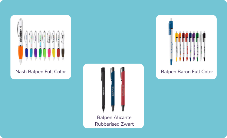 Drie productvakken op blauwe achtergrond met balpennen: links de Nash Balpen Full Color in diverse kleuren, rechts de Baron Balpen Full Color met gekleurde accenten, en in het midden de Alicante-balpen in drie rubberised uitvoeringen in zwart, blauw en rood.